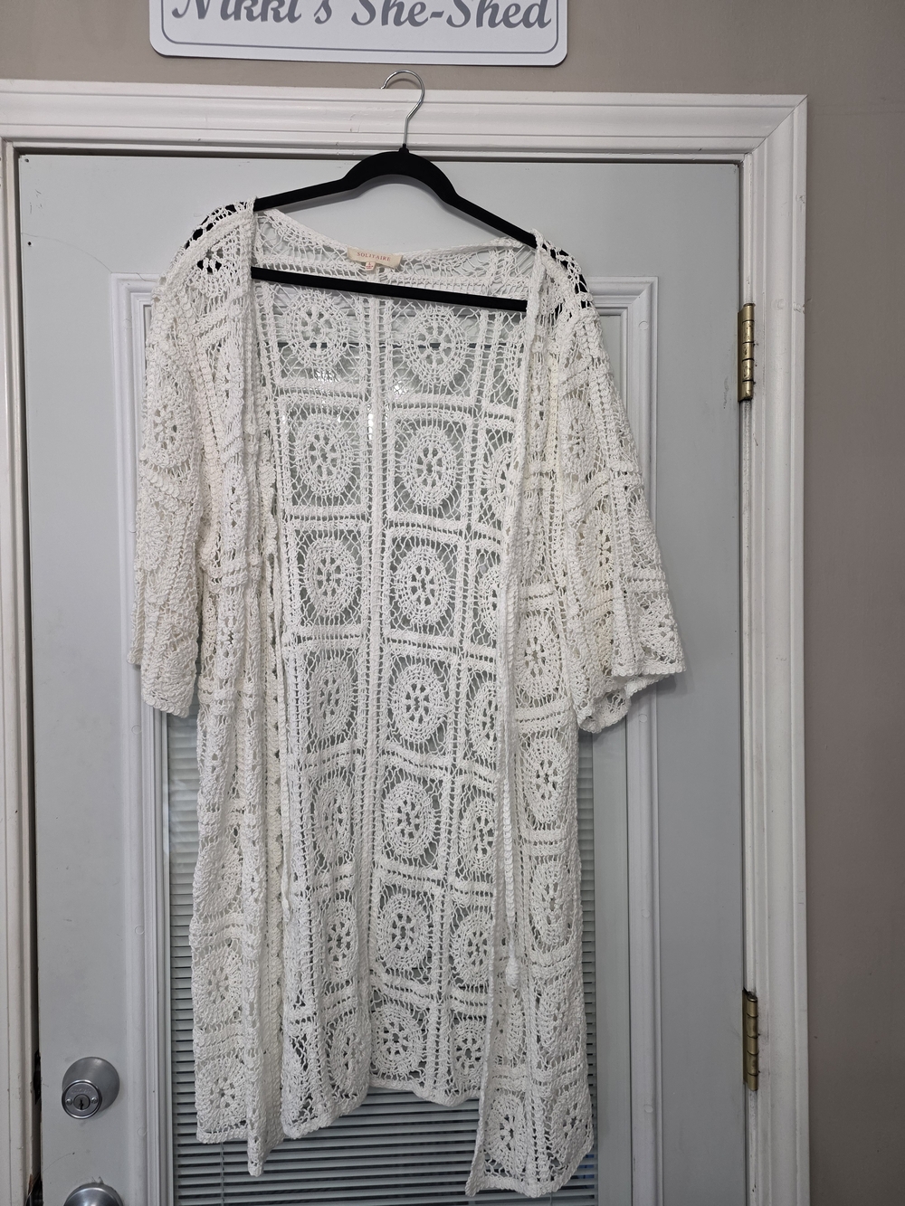 Crochet Open-Front Kimono Cardigan - White